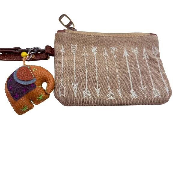 Primitives by Kathy Zipper Pouch Explore Arrows Tan Canvas Bag Elephant Keychain - Picture 4 of 10